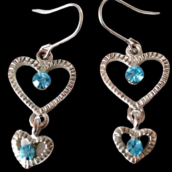 Dainty Heart Dangle Earrings Sparkling Blue Rhinestone Sweet Romance Whimsy - Picture 2 of 6